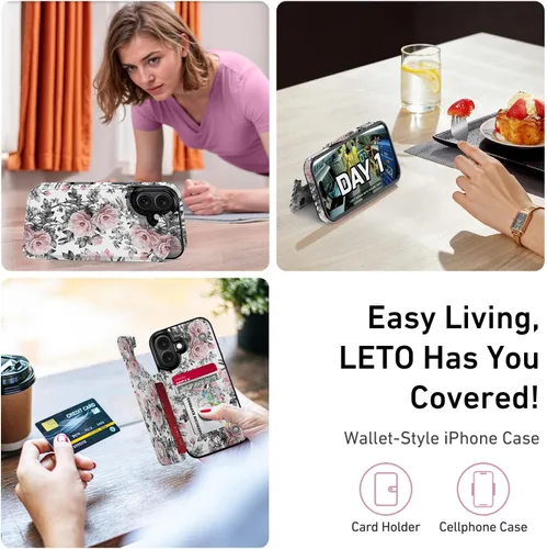 Vista 824 de LETO para iPhone 15 Pro Funda tipo cartera - Tapa tipo folio con patada - Diseños de moda - Tarjetero - Funda protectora para mujeres y niñas - 6.1