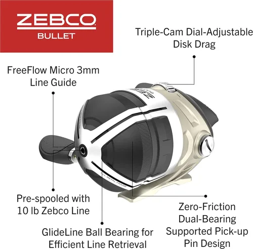 Vista 4 de Zebco Bullet MG Spincast Fishing Reel, Size 30 Reel, Ultra-Lightweight Magnesium Body, Changeable Right- or Left-Hand Retrieve