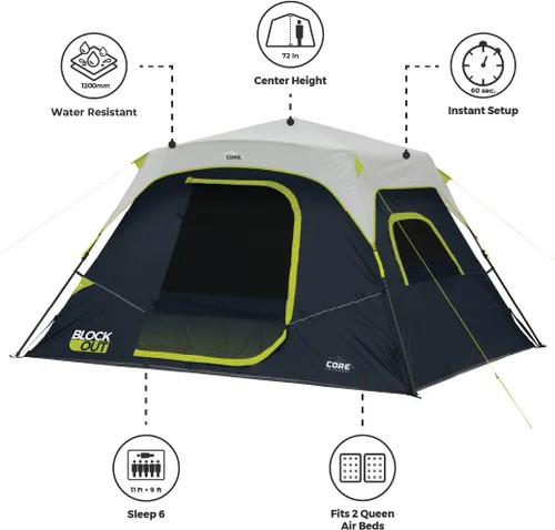 Vista 5 de CORE Blackout Instant Cabin Tent Large Family Pop Up Dark Room Tent with Easy Camp Setup Included Storage Pockets for Outdoor Camping Accessories