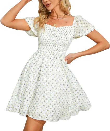 Byinns - Vestido corto con escote corazón para mujer vestido de manga corta abombada con cordón y cintura alta y estampado floral