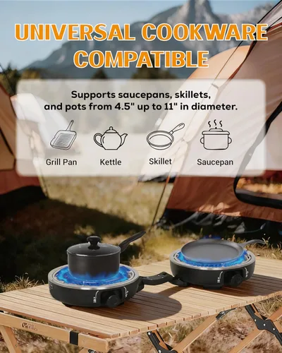 Vista 5 de Estufa de camping de propano de 2 quemadores con parabrisas, estufas de camping portátiles y plegables con bolsa de transporte, estufa de campamento