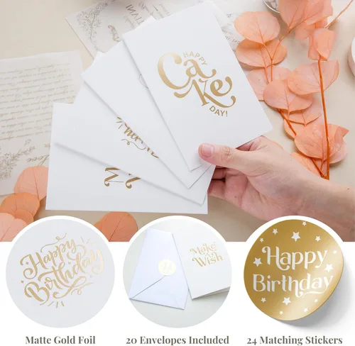 Vista 2 de Paper Play Paquete de 20 tarjetas de cumpleaños surtidas, 4 tarjetas de cumpleaños con diseños de lámina dorada mate, 4 x 6 pulgadas, notas