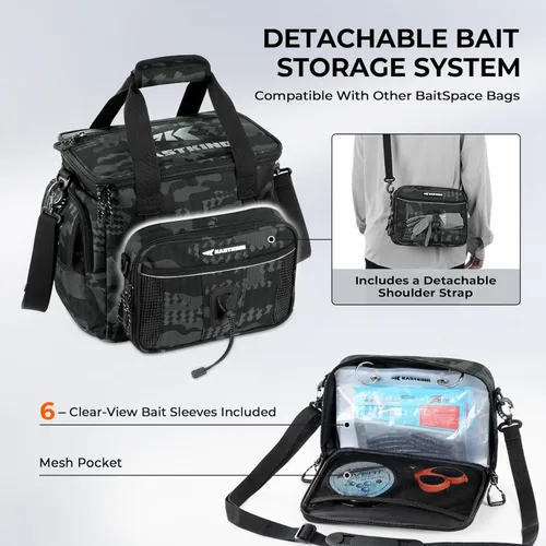 Vista 6 de KastKing BaitSpace Bolsa de aparejos de pesca con 4 cajas de aparejos y carpeta de cebo extraíble, almacenamiento de aparejos resistente al agua