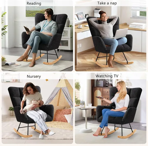 Vista 4 de Furniliving Mecedora tapizada para cuarto de bebé, mecedora tapizada, moderna, con asiento acolchado, silla de lectura con respaldo alto, cómoda