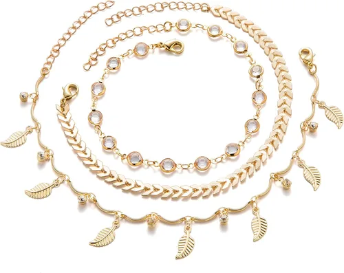 Vista 4 de Fesciory 3 pulseras de tobillo para mujer, juego de tobilleras de playa ajustables en capas doradas para niñas, cadena de pie de aleación