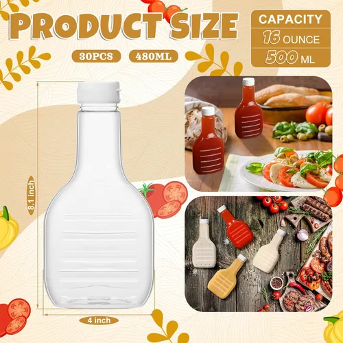 Vista 2 de Roshtia Paquete de 30 botellas de plástico transparente de 16 onzas para aderezo para ensaladas, botellas vacías a granel con tapa superior abatible