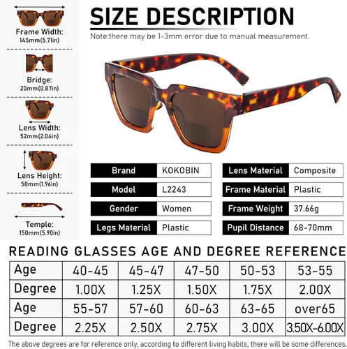 Vista 3 de KoKoBin Paquete de 3 lentes de sol de lectura bifocales estilo Oprah para mujer, marco cuadrado de gran tamaño, cómodos lectores (multicolor 2)