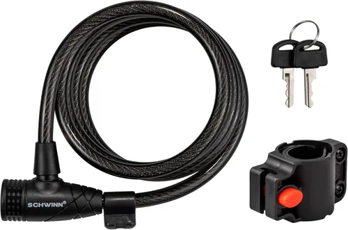 Cerradura de Cable para Bicicleta Schwinn con Llaves, 6 pies x 10 mm, Negra, Acero Trenzado, Cubierta de Vinilo Duradera, Soporte de Transporte para