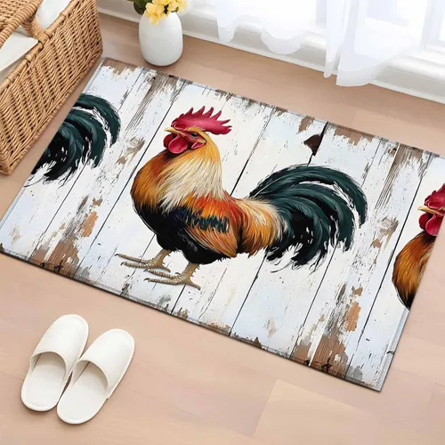 2x3 Door Mat, Vintage Rooster Non-Skid Rubber Backing Large Rectangle Rugs - Living Room Bedroom Home Office, Red Watercolor Animals Retro Indoor