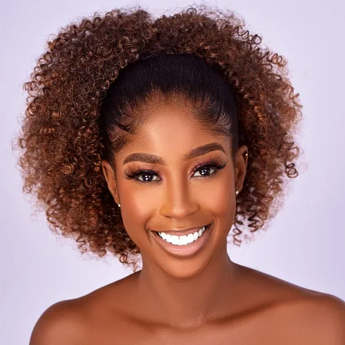 Vista 13 de Extensión de Cola de Caballo Rizada Afro Puff con Cordón para Mujeres Negras, Extensiones de Cabello Sintético Corto Afro Kinky Rizado, Extensión