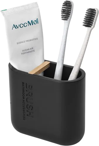 Vista 7 de Portacepillos de dientes de bambú, soporte para cepillo de dientes eléctrico, organizador de almacenamiento para baño de encimera para pasta