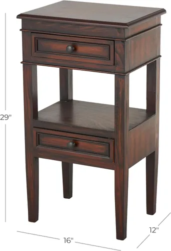 Vista 6 de Deco 79 Mesa auxiliar de madera, 2 cajones y 1 estante auxiliar, mesa auxiliar de 16 x 12 x 29 pulgadas, color marrón
