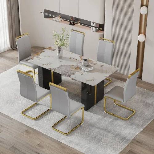 Vista 13 de Mesa de comedor moderna para mesa de comedor de mármol sintético blanco de 6, 8, 71 pulgadas, con patas negras y doradas, mesa de cocina rectangular