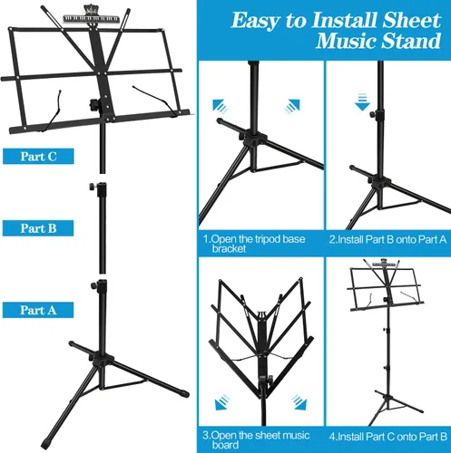 Vista 5 de DkOvn 1 paquete de soporte para partituras, con clip para partituras y bolsa de transporte