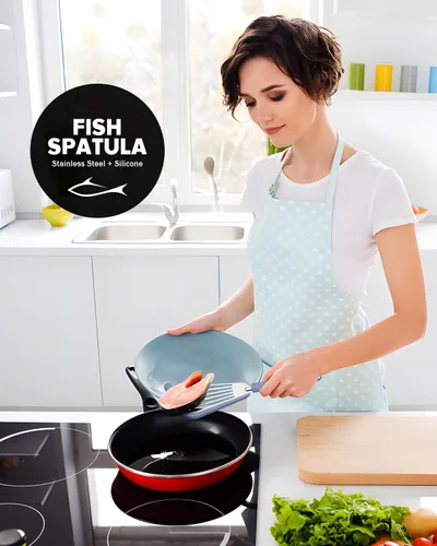 Vista 6 de Espátula de pescado, espátulas delgadas ranuradas para utensilios de cocina antiadherentes, borde de silicona, resistente al calor, para pescado