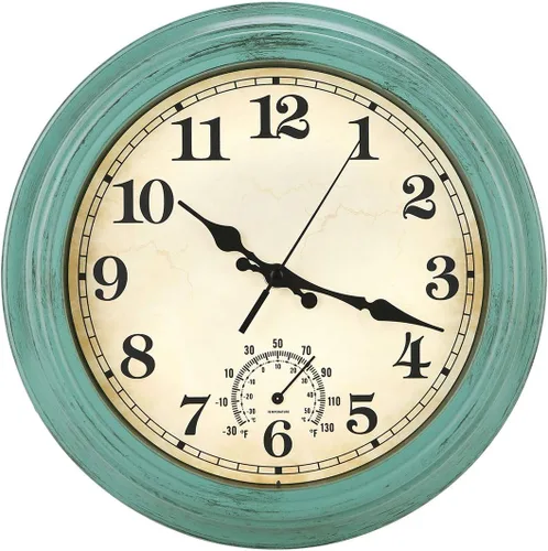 12 Inch Indoor/Outdoor Retro Waterproof Wall Clock with Thermometer,Vintage Battery Operated Silent Non Ticking Quartz Clock Wall Decorative for