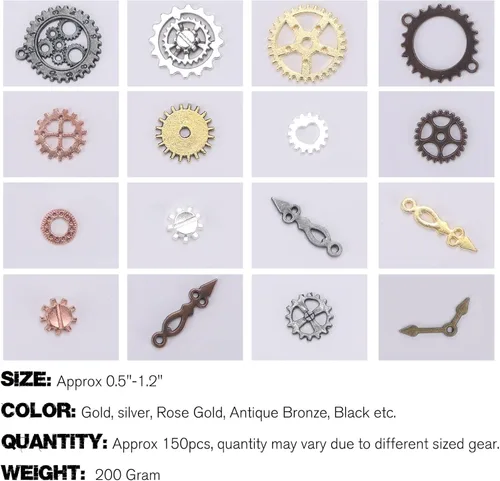 Vista 3 de BigOtters 200 gramos de engranajes steampunk antiguos, variedad de engranajes de aleación steampunk para colgantes y dijes para manualidades