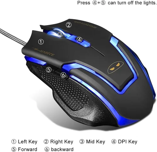 Vista 5 de Magece G1 Professional 3200 DPI LED óptico USB con cable con 6 botones Ratones de ratón para juegos para computadora PC Gamer(negro)