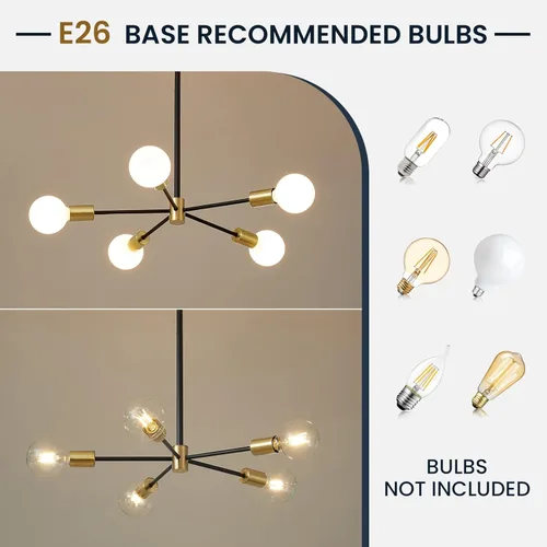 Vista 5 de RUIYEY Lámpara Sputnik Moderna, Lámpara de Techo Semiempotrada Negra y Dorada, Candelabros de Mediados de Siglo para Dormitorio, Comedor, Isla