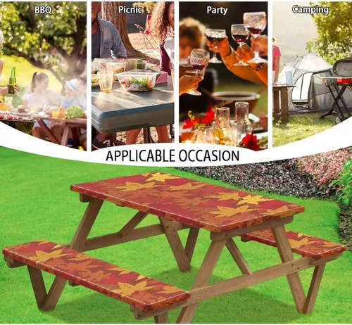 Vista 4 de Juego de 3 manteles rectangulares ajustables con hojas de arce rojas y amarillas para mesa de campamento, borde elástico, cubierta de tela lavable