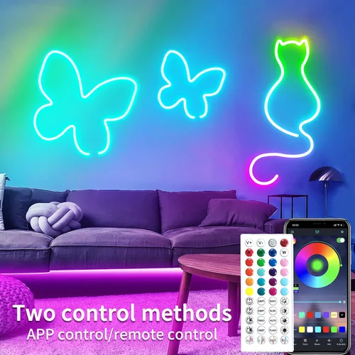 Vista 2 de Tira de luces LED de neón LED RGB de 50 pies y 24 V, con control remoto, control de aplicación, IP65, impermeable, flexible, tira de luces LED