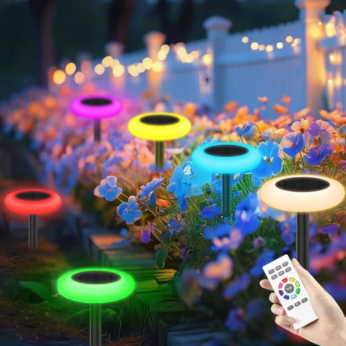 intelamp Luces solares impermeables para exteriores, paquete de 6 luces solares que cambian de color, control remoto, luz de camino para patio,