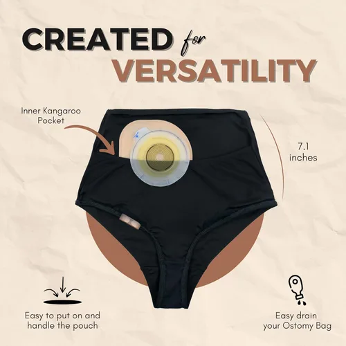 Vista 5 de Ostomy - Funda para mujer, ropa interior de cintura alta, color negro, bragas discretas con bolsillo interior, control de fugas, tela de secado