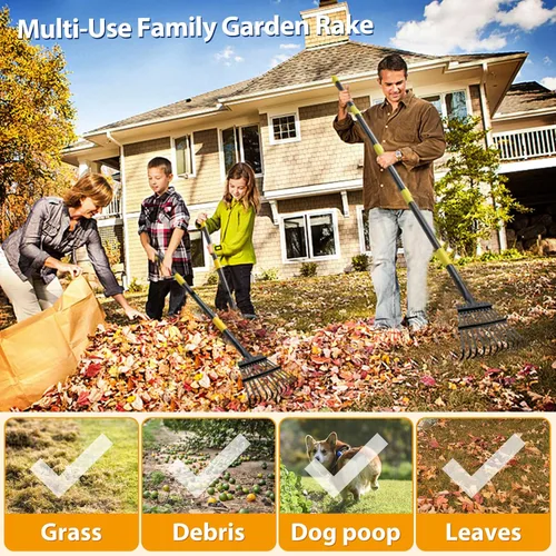 Vista 7 de Rastrillo de hojas de jardín para césped resistente, rastrillo de metal para patio con cabezal pequeño y estrecho de 9 pulgadas, mango largo