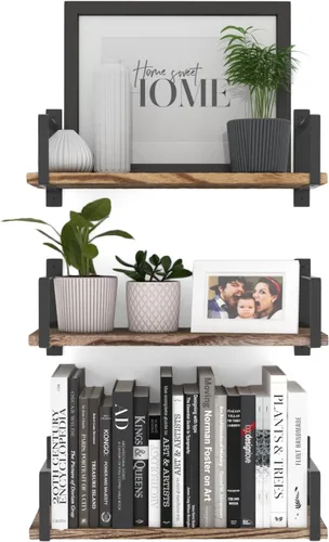 Vista 9 de Wallniture Toledo - Estantes flotantes para decoración de sala de estar, juego de 3 estanterías flotantes, estantes de pared de madera rústica