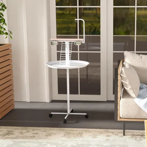 Vista 8 de PawHut Soporte para pájaros, soporte de loro con ruedas, perchas, cuencos de alimentación de acero inoxidable, bandeja redonda, soporte de juego