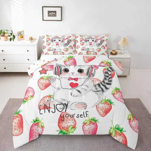 Erosebridal Lindo juego de edredón de gato, tamaño individual, kawaii, fresa, juego de ropa de cama para niñas, diseño de arco iris, edredón rosa