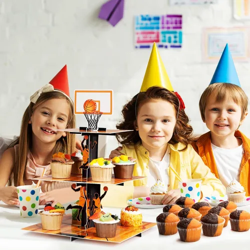 Vista 6 de Decoración de fiesta de baloncesto de 3 niveles, soporte para cupcakes, soporte para fiestas temáticas de baloncesto, soporte para cupcakes