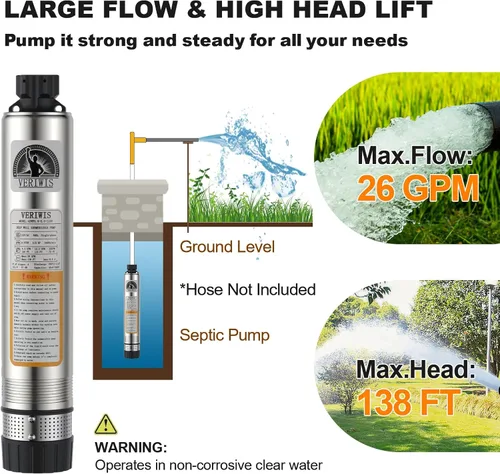 Vista 3 de Bomba de Tanque Séptico Sumergible de 4" para Efluente de Cisterna de Pozo Profundo con Succión Inferior Resistente a Obstrucciones Cable UL de 33