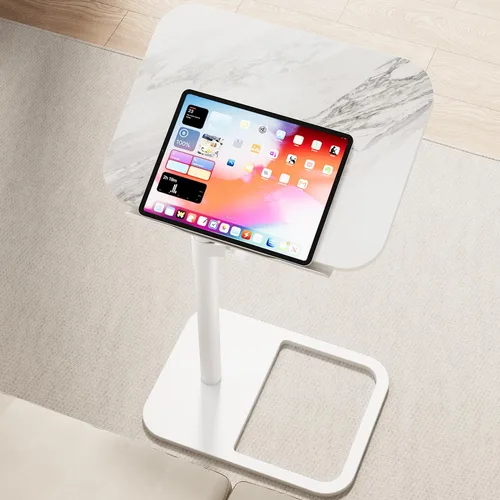 Vista 10 de GOYLSER Mesa de bandeja de TV de altura ajustable, abatible, mesa auxiliar de aperitivos con giro de 360° e inclinación de 180°, mesa auxiliar