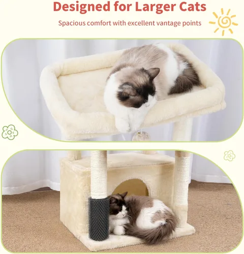 Vista 7 de Hey-brother Torre de árbol para gatos, postes rascadores con plataforma extragrande, condominio espacioso, 2 hamacas acogedoras, cepillo de autoaseo