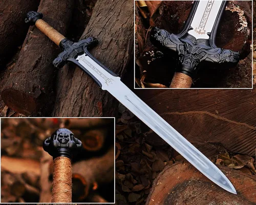 Vista 3 de Auténtica espada bárbara de Conan hecha a mano, accesorios de latón real, funda de cuero tradicional, funda de cuero tradicional, fantasía medieval