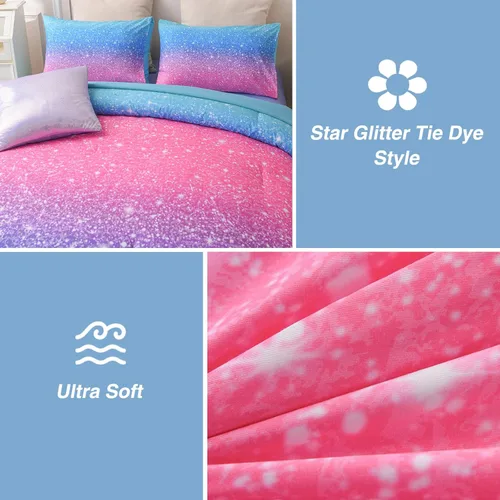 Vista 3 de A Nice Night Juego de ropa de cama de 6 piezas con purpurina degradada para niñas, tamaño Twin, juego de edredón colorido de galaxia arcoíris, Azul