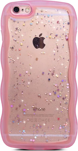 Vista 124 de Qokey para iPhone 14 Plus Funda de 6.7" con diseño de borde ondulado rizado, transparente, con purpurina, brillo, estrellas, brillante, lindo