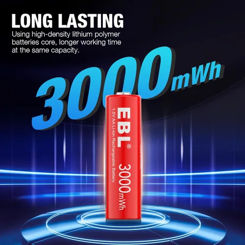 Vista 2 de EBL Paquete de 8 Baterías Recargables AA de Litio, Baterías Recargables AA de 1.5V 3000mWh, Baterías Doble A de Larga Duración