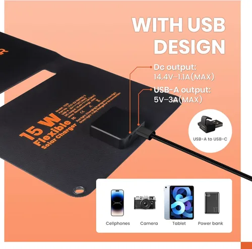 Vista 6 de FlexSolar Kits de mantenimiento de cargador de goteo de panel solar plegable de 15 W, salida USB y CC de 12 V con controlador integrado, incluye