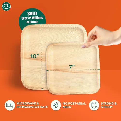 Vista 3 de ECO SOUL Platos de bambú con forma de hoja de palmera, cuadrados de 7 y 10 pulgadas, paquete de 50 vajillas desechables a granel, vajilla de madera