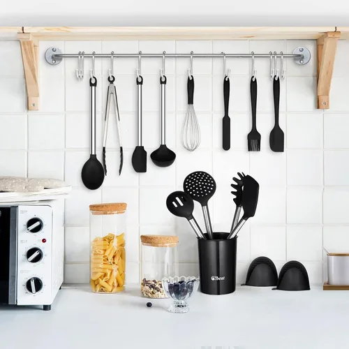 Vista 8 de 27 Pieces Silicone Cooking Utensils Set with Holder, Kitchen Utensil Sets for Nonstick Cookware, Black Kitchen Tools Spatula with Stainless Steel