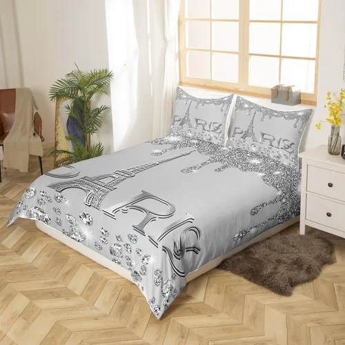 Vista 9 de Erosebridal Juego de ropa de cama de París para niñas y adolescentes, funda de edredón de la Torre Eiffel, tamaño Queen, funda de edredón