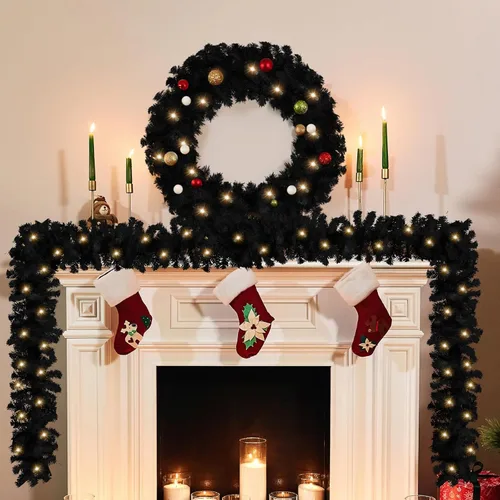 Vista 5 de Hotop Guirnalda de Navidad artificial de abeto sintético de 9 pies, guirnalda LED de pino cálido, funciona con pilas, guirnalda iluminada