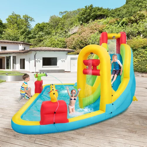 Vista 3 de BOUNTECH - Juego inflable 7 en 1, con tobogán acuático, pared de escalada, cañones de agua, aro de baloncesto, alberca poco profunda, incluye bolsa