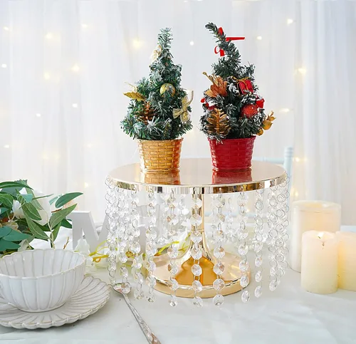 Vista 6 de Plato de exhibición de pastel de cristal de lujo, soporte redondo para cupcakes de 10 pulgadas, dorado con cuentas acrílicas colgantes, placa