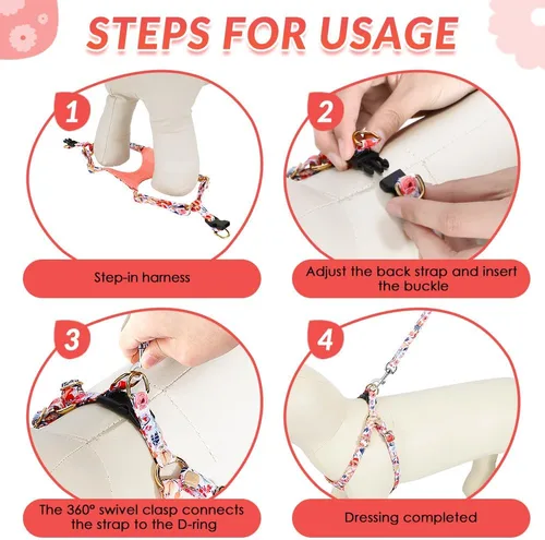 Vista 6 de SlowTon Arnés sin tirones para perro, con correa, arnés suave y ligero con patrón floral, arnés ajustable para perros pequeños y medianos (flor XXS)