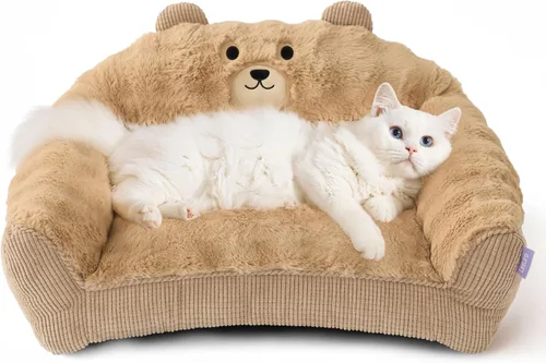 Vista 10 de LE SURE Cama para gatos para mascotas - Alfombrilla esponjosa para perros pequeños con diseño original de oso, sofá de apoyo para perros con funda