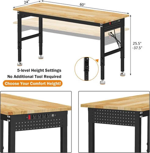 Vista 2 de Betterhood Banco de trabajo de altura ajustable, estación de trabajo resistente con parte superior de madera de goma de 60 pulgadas con tomas