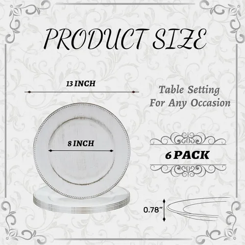 Vista 3 de MAONAME Platos base redondos de 13 pulgadas, juego de 6, bajoplatos blancos antiguos, bajoplatos de plástico para platos de cena, bajoplatos